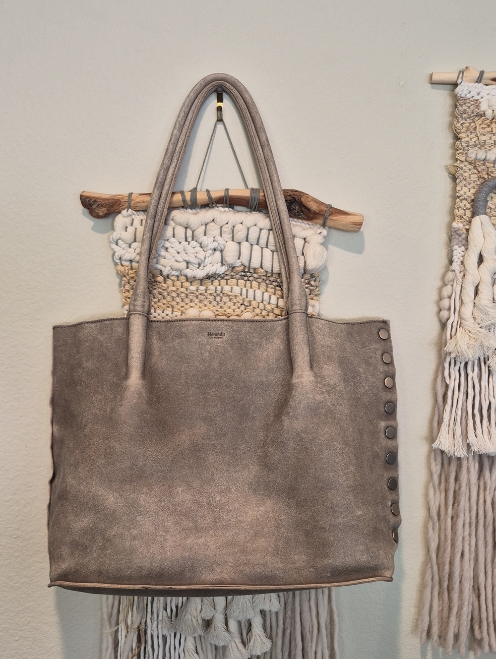 Hammitt Gray Suede Brushed Silver Rivets Oliver Tote Bag, Zipper Closure